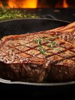 Steak in a frying pan on top of a grill. There is fire in underneath the pan.