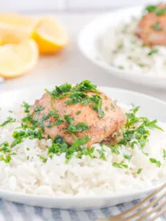 Chicken thighs on a bed of rice on a white plate.